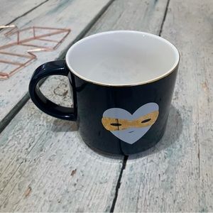 Davids Tea stackable mug partner in crime mask heart gold navy blue valentines